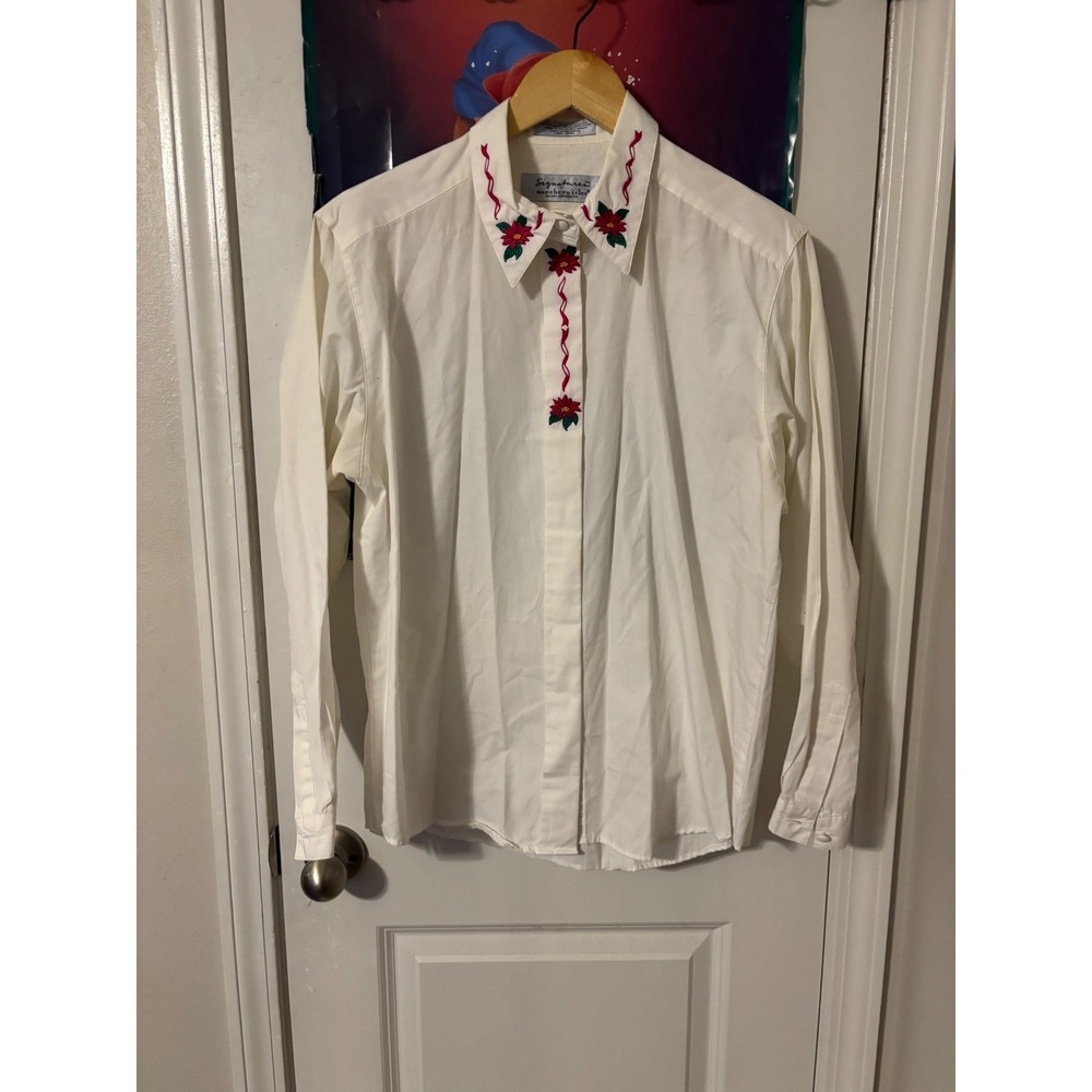 Signatures Northern Isles White Embroidered Floral Button Down Shirt Vintage 14